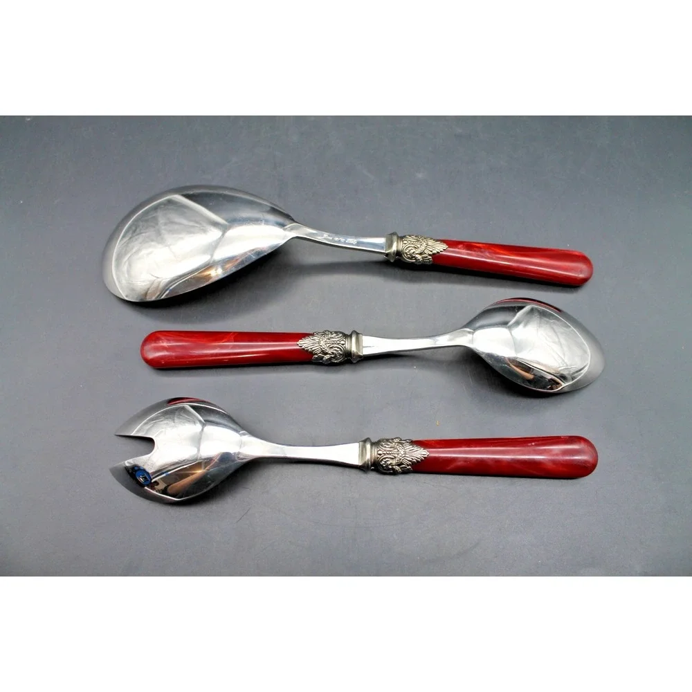 EME Napoleon Italy 3 Pc Serving Set Red Marbled Handles Salad Spoon Fork